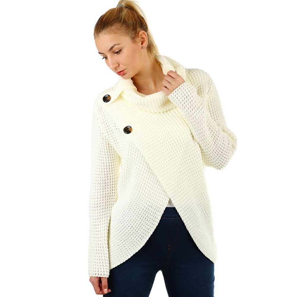 Waffle Knit Cowl‎ Neck Split Front Sweater Cream Large